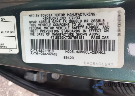 2003 Toyota Camry Le from USA, damaged, VIN 4T1BE32K73U766181